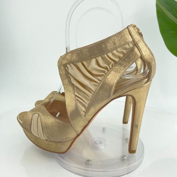 Fendi Heels Women's Size 5.5 Gold Metallic Leather Fabric Platform - Picture 4 of 16